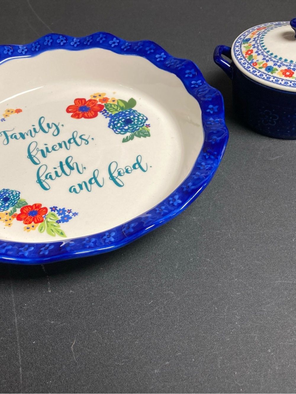 Lot of two pioneer woman, stoneware pie plate, mini casserole dish floral